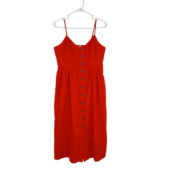 American Eagle Red Sleeveless Button-Front Midi Dress Size M Cotton, Linen Blend - Picture 1 of 13